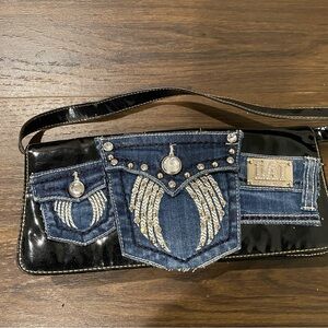 Black Patent and Blue Denim Embellished Shoulder Bag